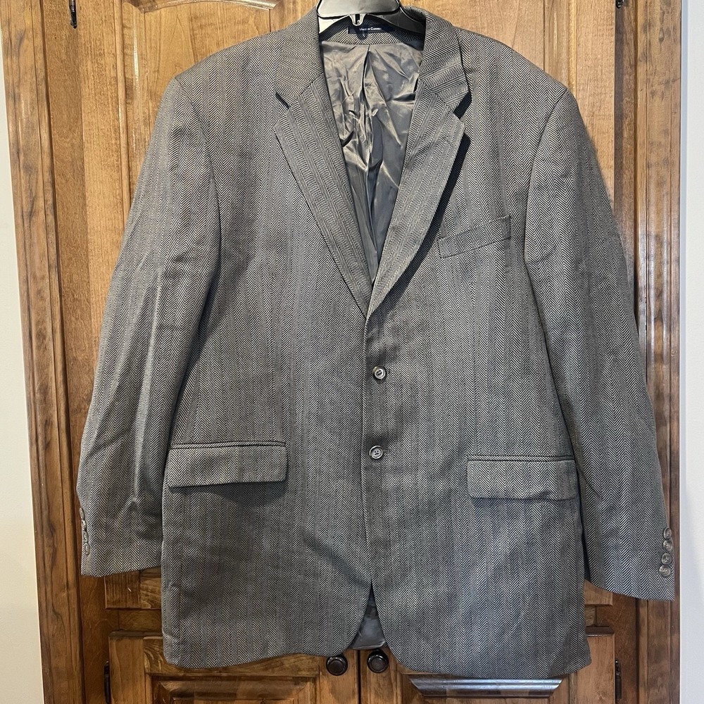 Chaps Ralph Lauren  Men 46L‎ Gray 100% Wool Nailhead Houndstooth Blazer Jacket